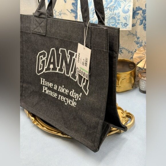 🆕 GANNI 🧿 NWT Large Easy Shopper, Black Denim - Picture 6 of 11